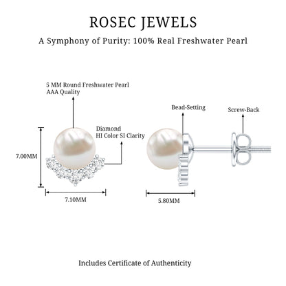 Modern Stud Earrings with Freshwater Pearl and Diamond