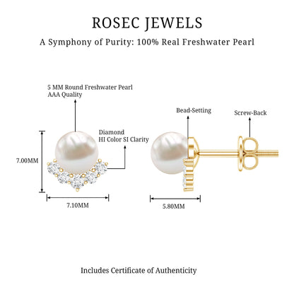 Modern Stud Earrings with Freshwater Pearl and Diamond