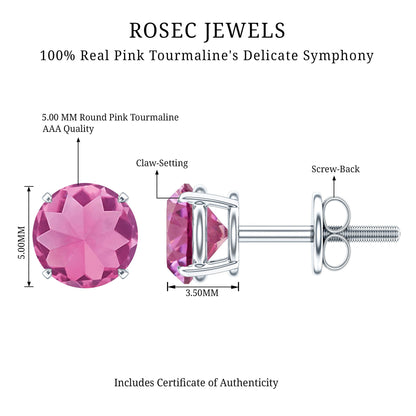 Round Shape Pink Tourmaline Stud Earrings for Women