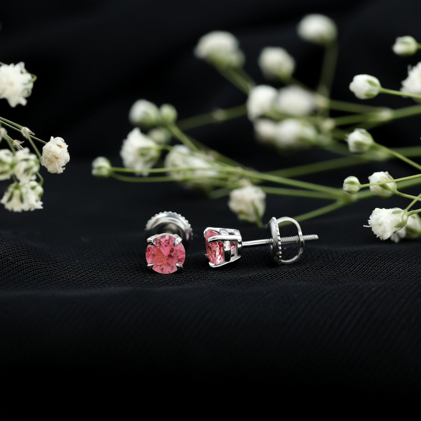 Round Shape Pink Tourmaline Stud Earrings for Women