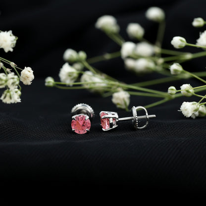 Round Shape Pink Tourmaline Stud Earrings for Women