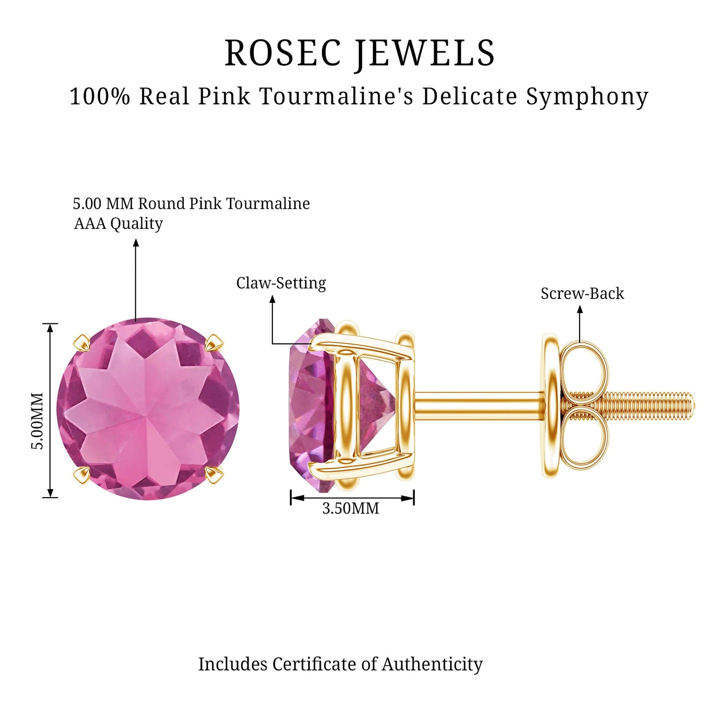 Round Shape Pink Tourmaline Stud Earrings for Women