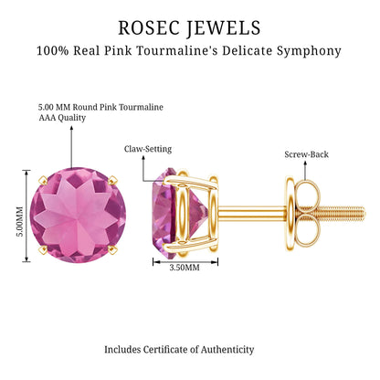 Round Shape Pink Tourmaline Stud Earrings for Women