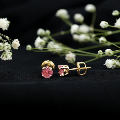Round Shape Pink Tourmaline Stud Earrings for Women