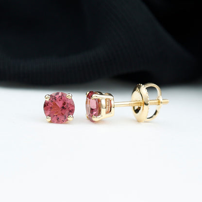 Round Shape Pink Tourmaline Stud Earrings for Women