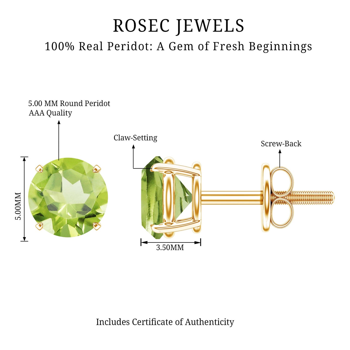Natural 1 Carat Peridot Stud Earrings with Screw Back