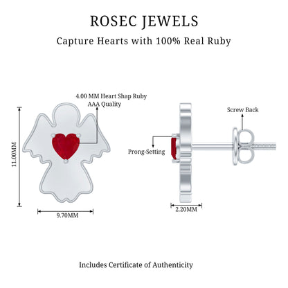 Heart Shape Ruby Angel Stud Earrings with Screw on Back