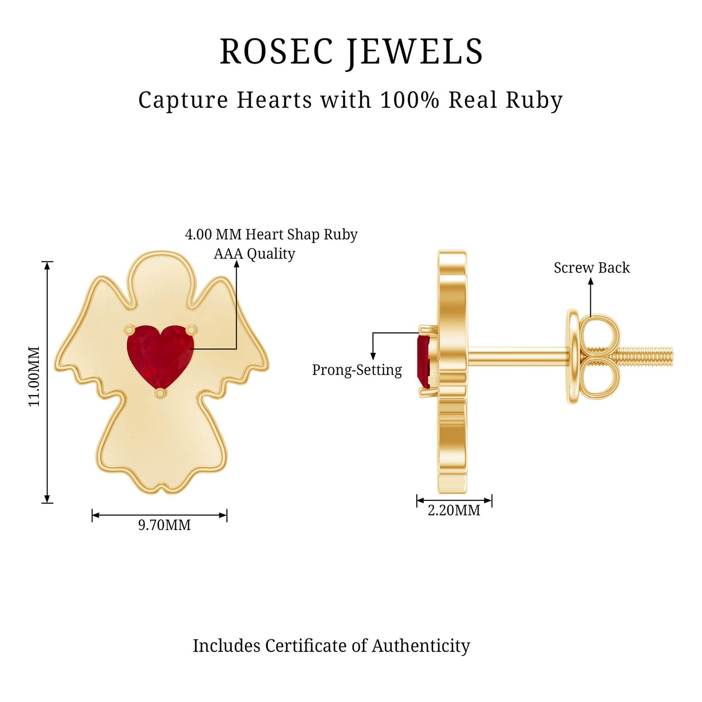 Heart Shape Ruby Angel Stud Earrings with Screw on Back