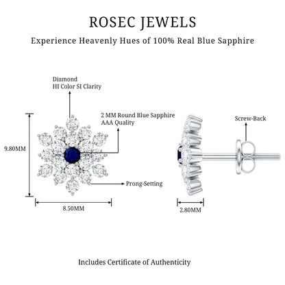 Real Blue Sapphire and Diamond Floral Cluster Stud Earrings