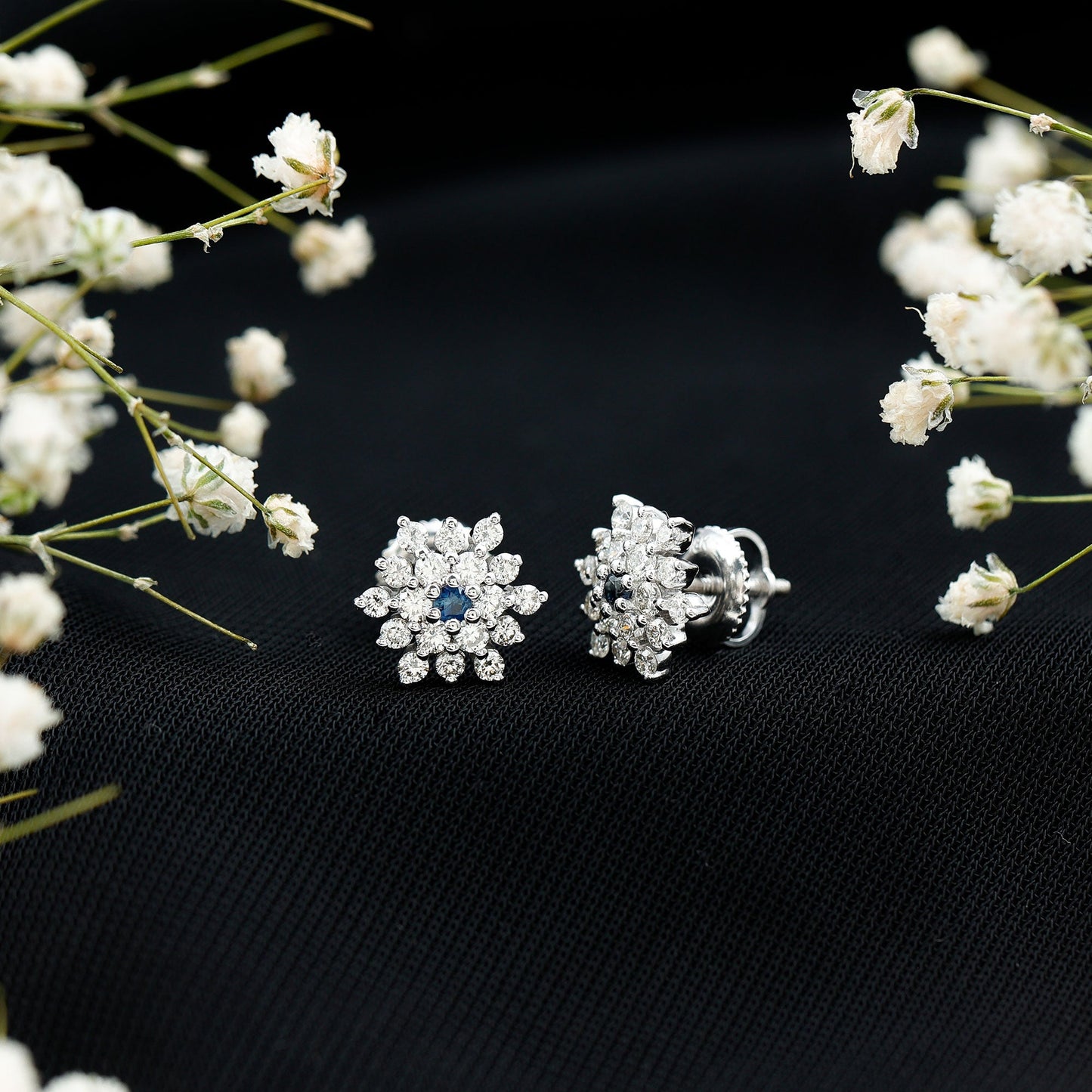 Real Blue Sapphire and Diamond Floral Cluster Stud Earrings
