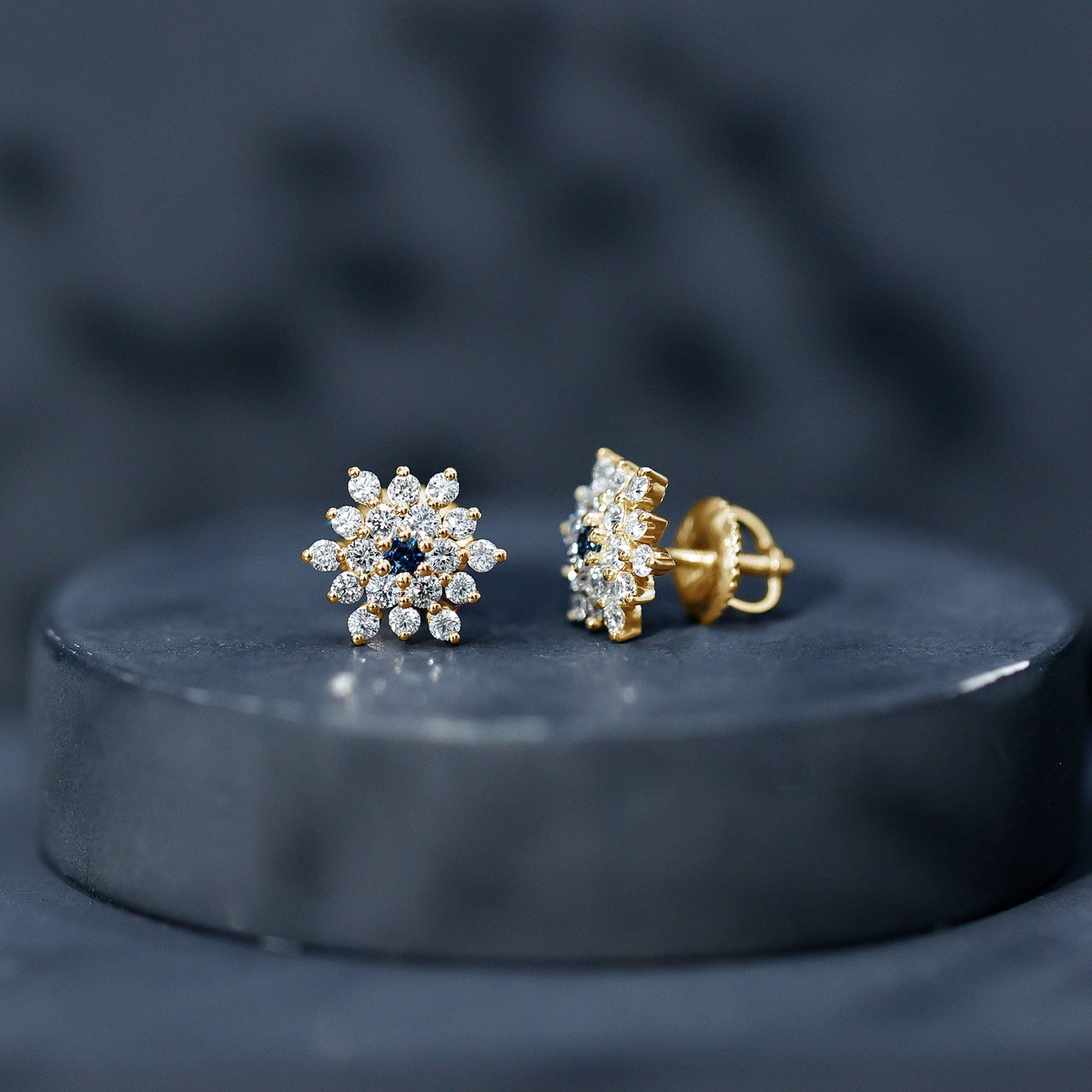 Real Blue Sapphire and Diamond Floral Cluster Stud Earrings