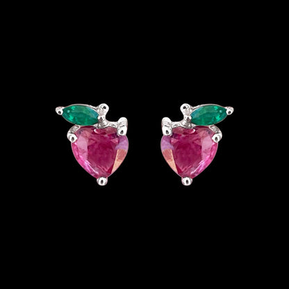 Heart Shape Ruby Strawberry Stud Earrings with Emerald