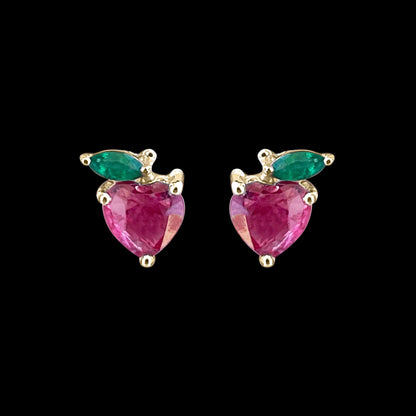 Heart Shape Ruby Strawberry Stud Earrings with Emerald