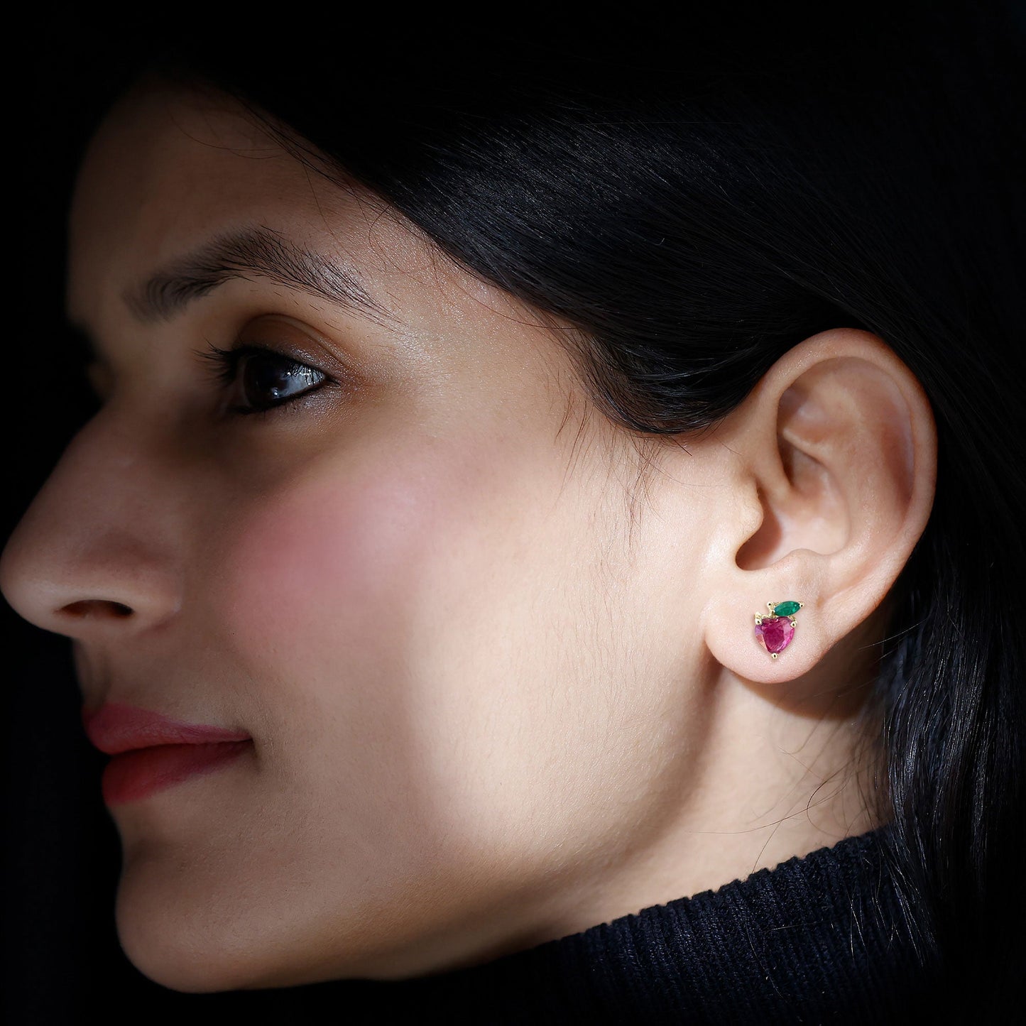 Heart Shape Ruby Strawberry Stud Earrings with Emerald