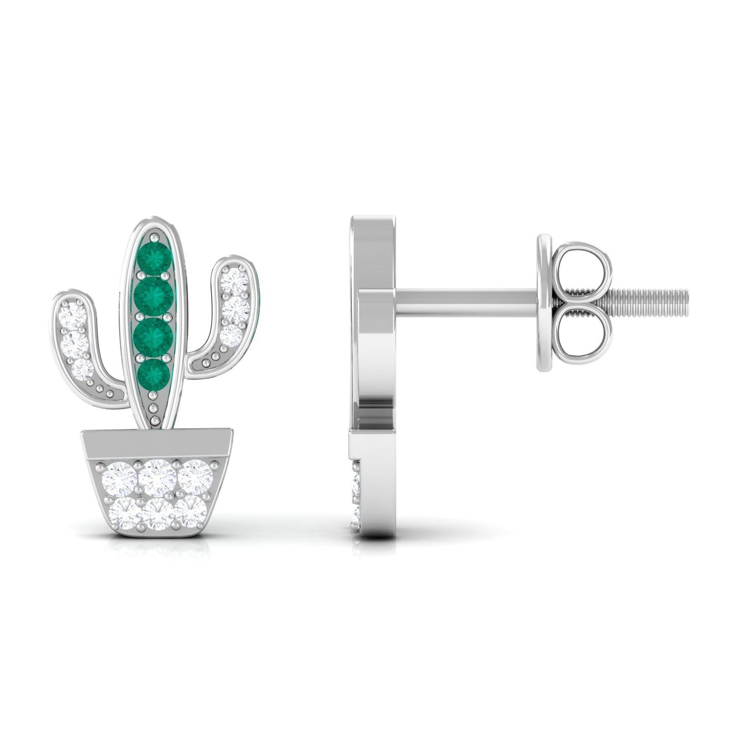 Real Emerald and Diamond Cactus Stud Earrings