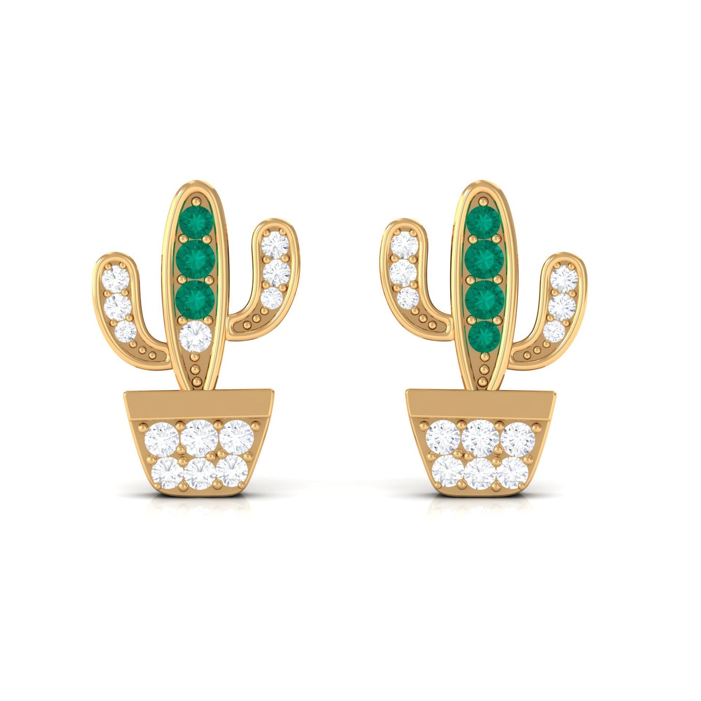 Real Emerald and Diamond Cactus Stud Earrings