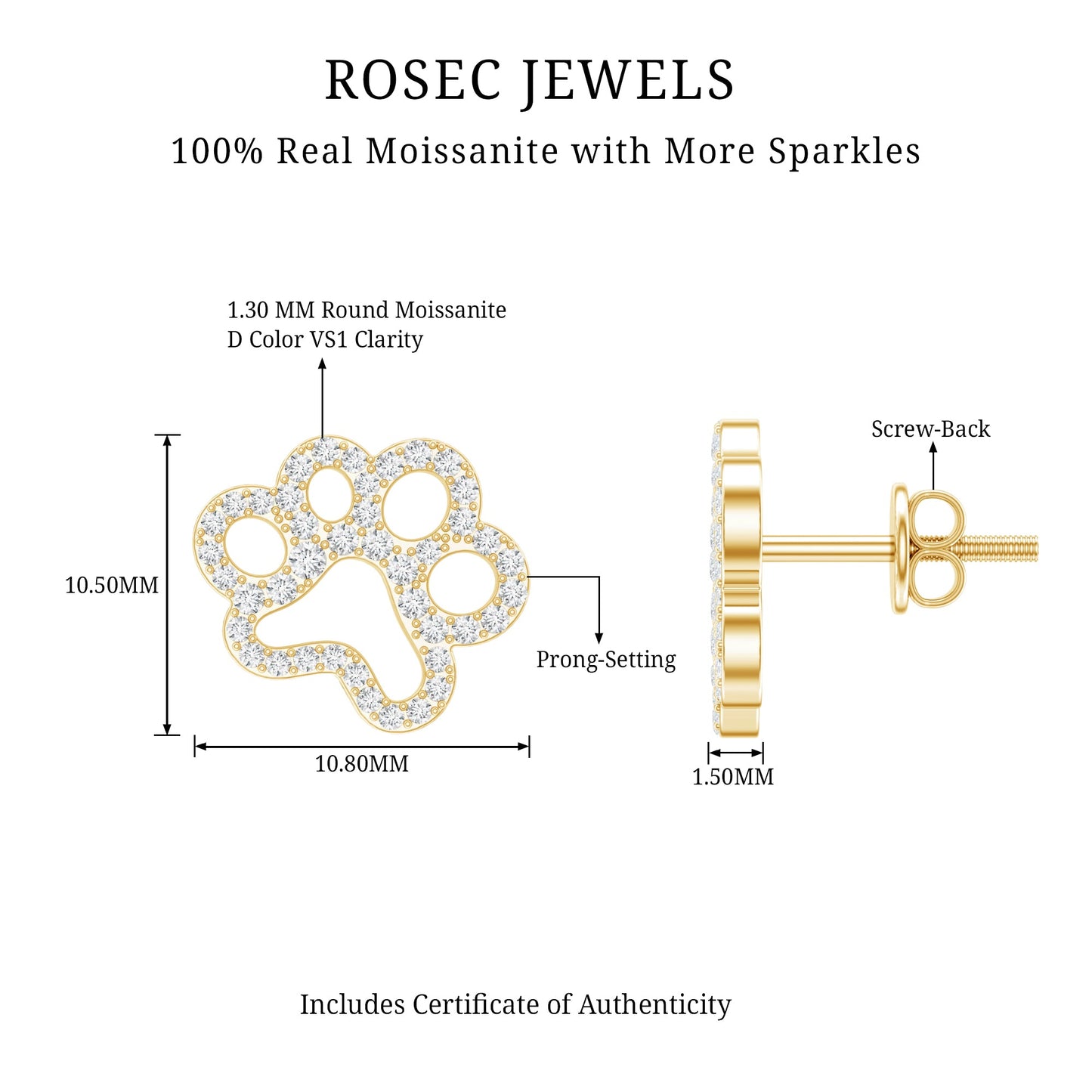 Moissanite Paw Print Earrings With Certificate