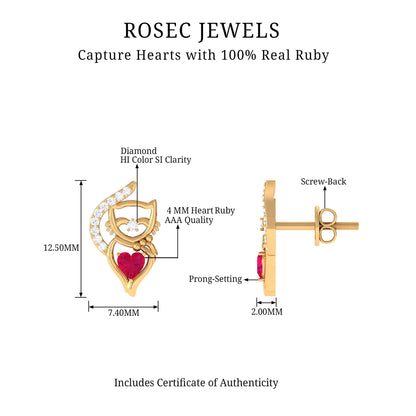 Heart Shape Ruby Cat Stud Earrings with Diamond