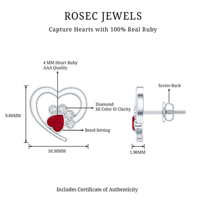 Cute Heart Paw Stud Earrings with Ruby and Diamond