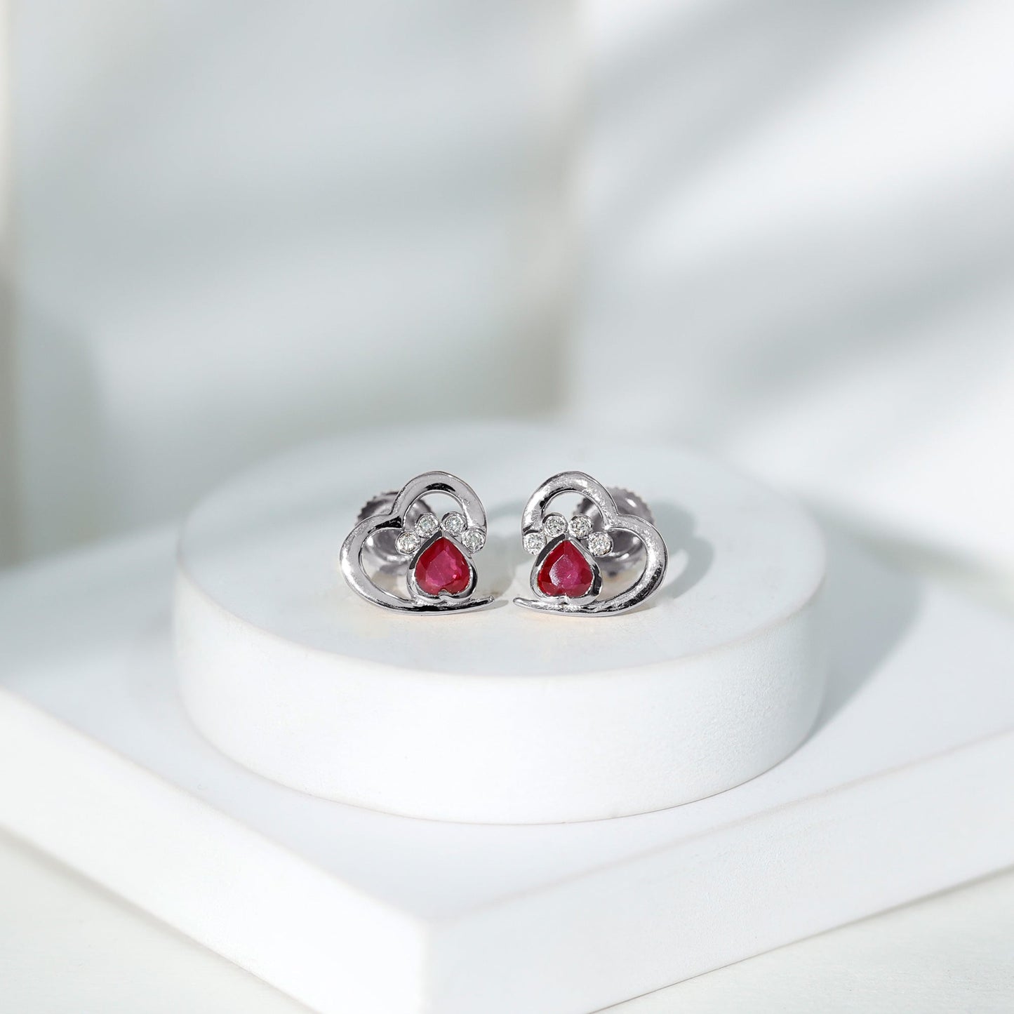 Cute Heart Paw Stud Earrings with Ruby and Diamond