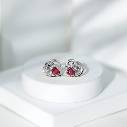 Cute Heart Paw Stud Earrings with Ruby and Diamond