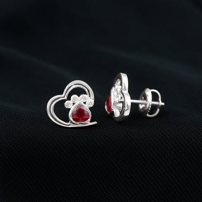 Cute Heart Paw Stud Earrings with Ruby and Diamond