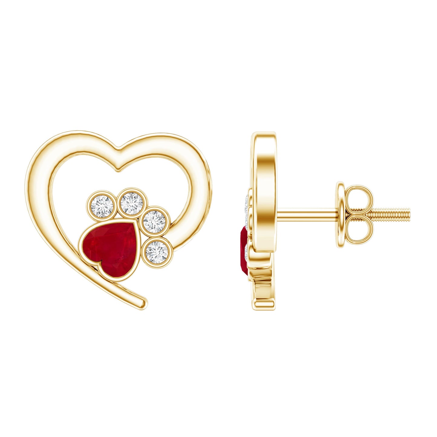 Cute Heart Paw Stud Earrings with Ruby and Diamond