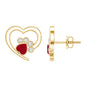 Cute Heart Paw Stud Earrings with Ruby and Diamond