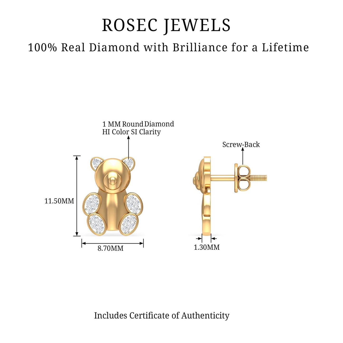 Teddy Bear Stud Earrings for Women with Diamonds