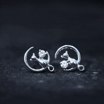 Diamond Cat Moon Stud Earrings for Women