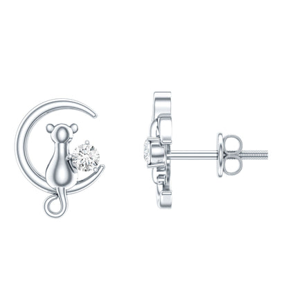 Diamond Cat Moon Stud Earrings for Women