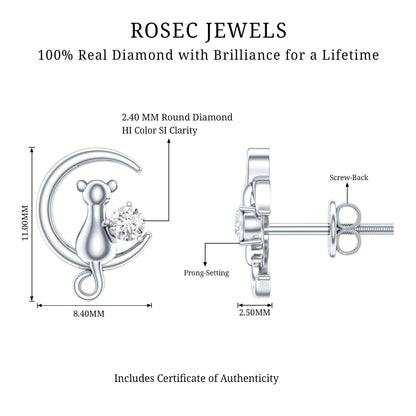 Diamond Cat Moon Stud Earrings for Women