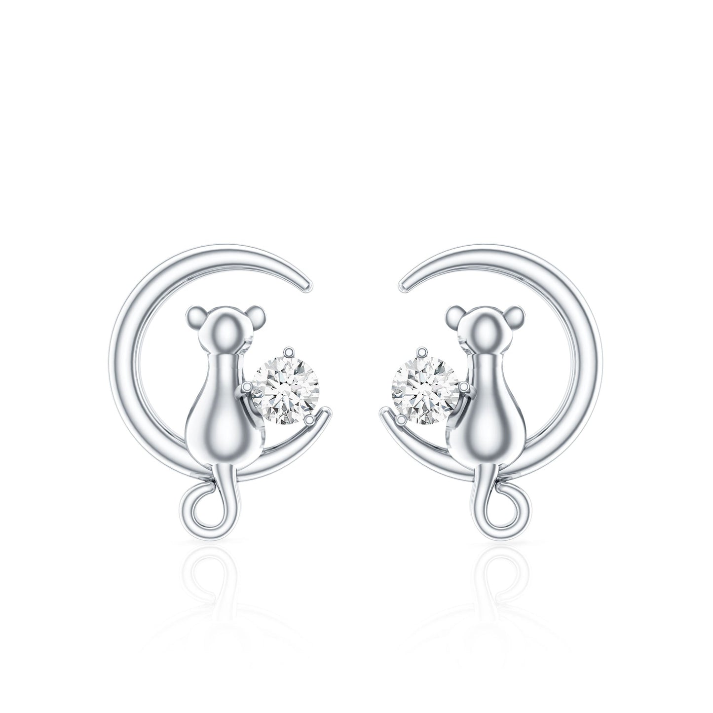 Diamond Cat Moon Stud Earrings for Women
