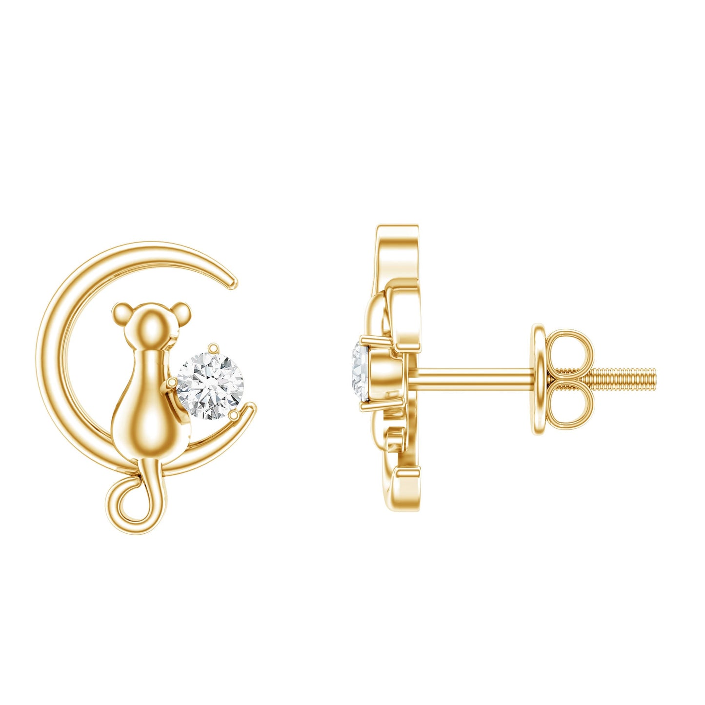 Diamond Cat Moon Stud Earrings for Women
