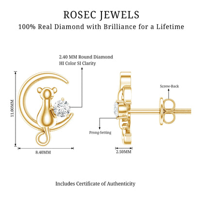Diamond Cat Moon Stud Earrings for Women