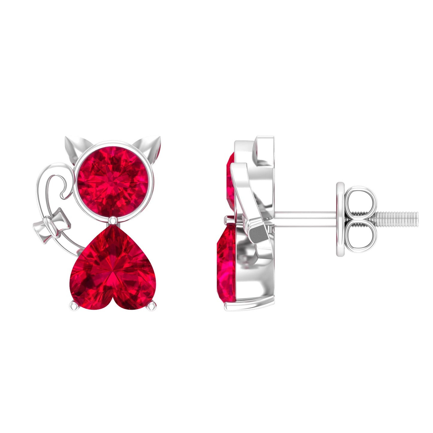 Kitty Stud Earrings with Round and Heart Shape Created Ruby