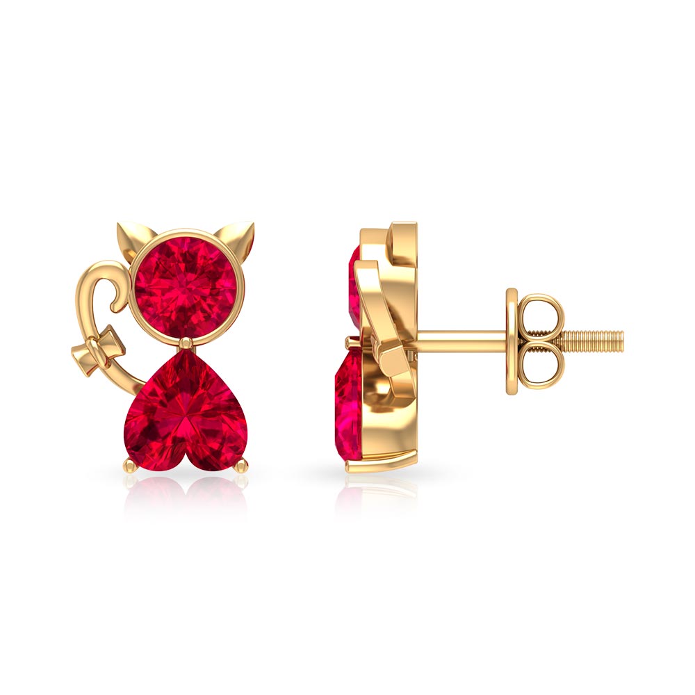 Kitty Stud Earrings with Round and Heart Shape Created Ruby