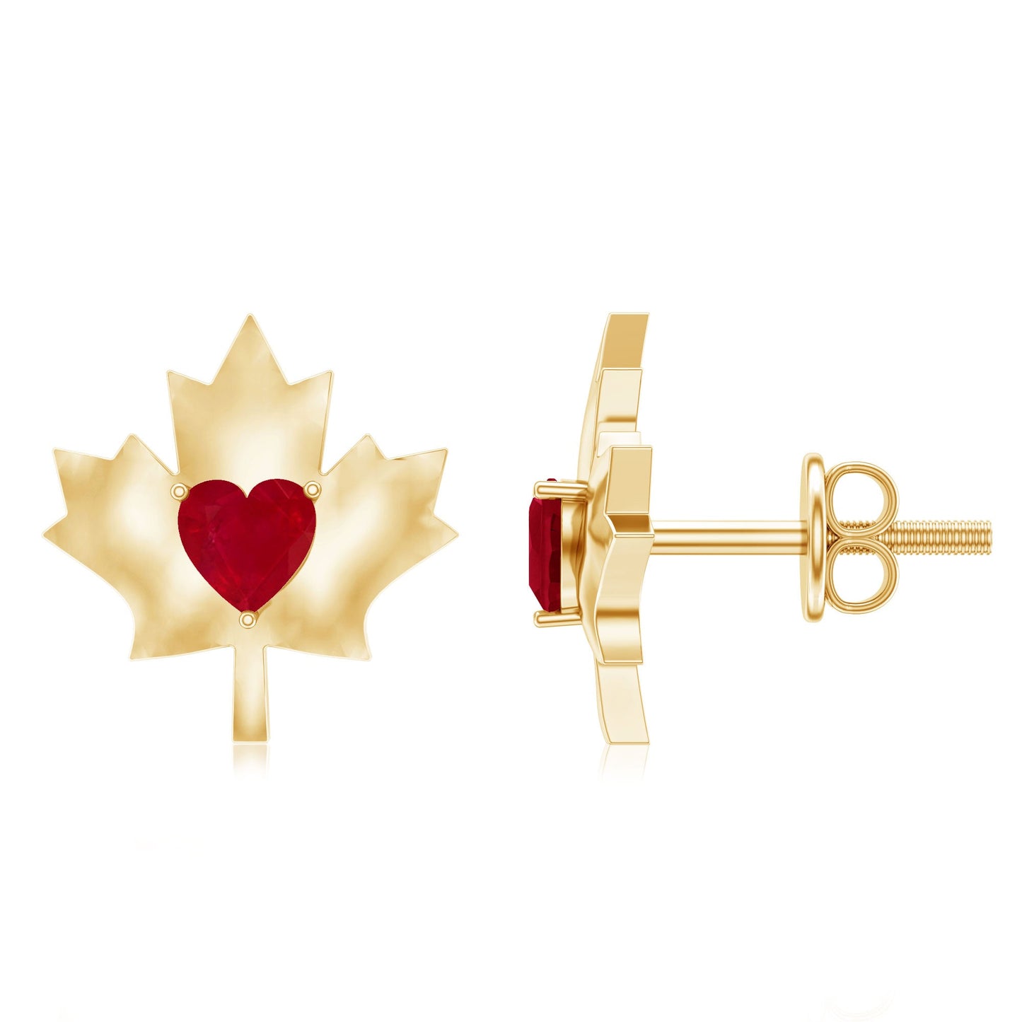 0.94 Carat Heart Shape Ruby Maple Leaf Stud Earrings