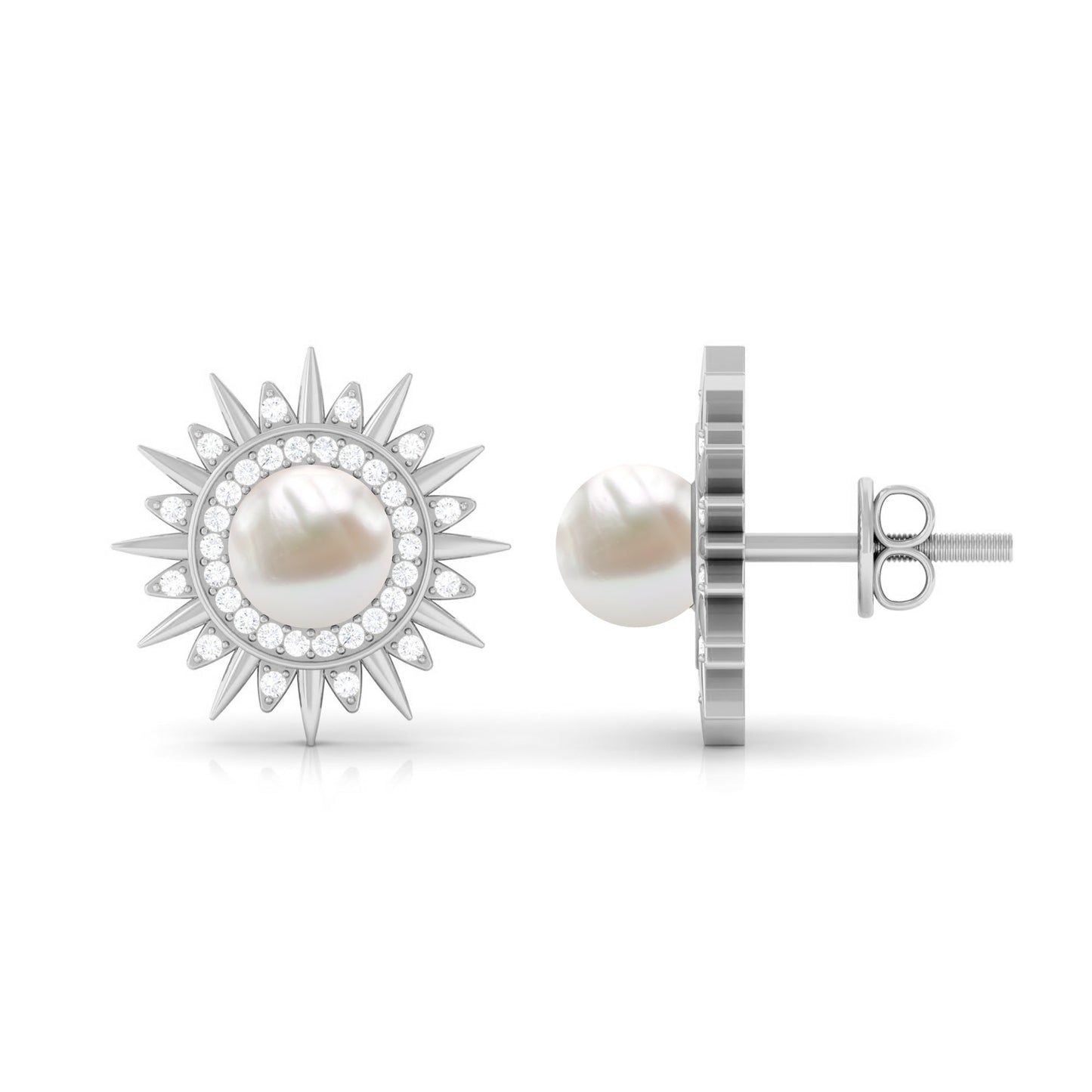 Cultured Freshwater Pearl Diamond Sunburst Earrings