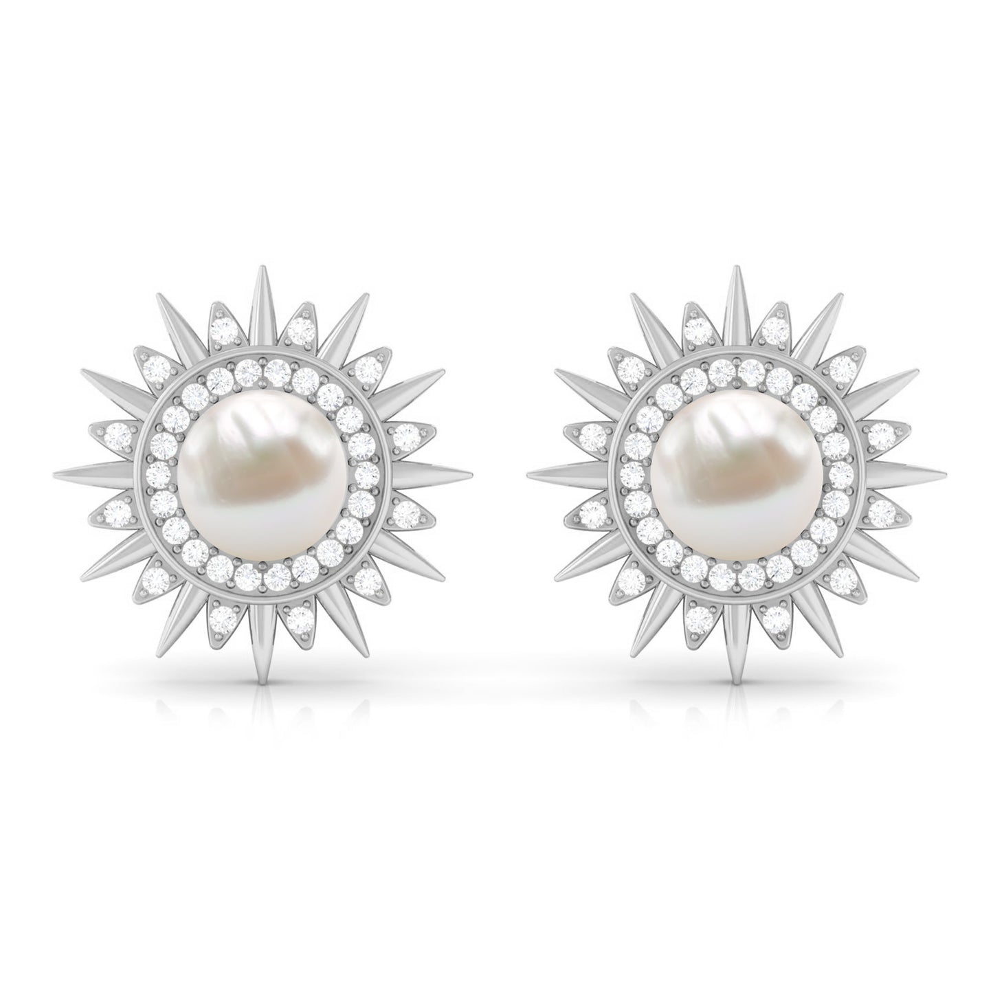Cultured Freshwater Pearl Diamond Sunburst Earrings