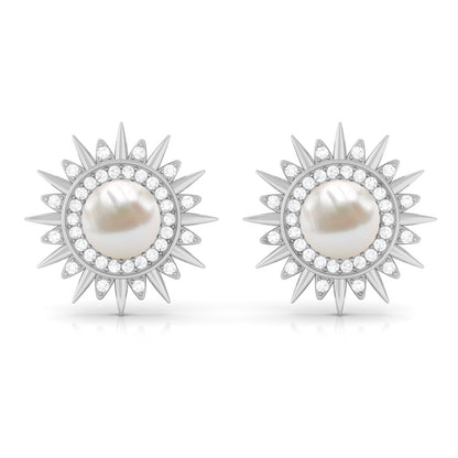 Cultured Freshwater Pearl Diamond Sunburst Earrings