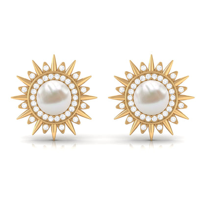 Cultured Freshwater Pearl Diamond Sunburst Earrings