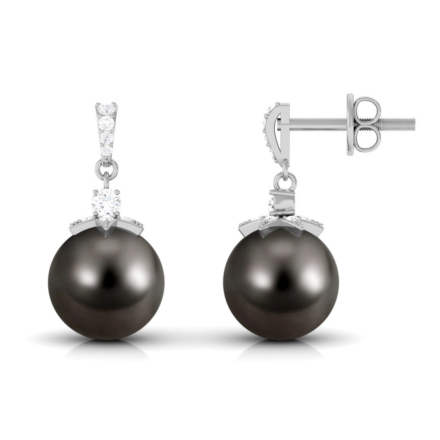 Cultured 15 Carat Black Tahitian Pearl Bridal Drop Earrings with Diamond