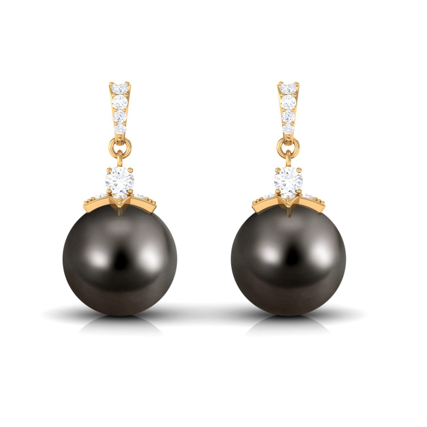 Cultured 15 Carat Black Tahitian Pearl Bridal Drop Earrings with Diamond