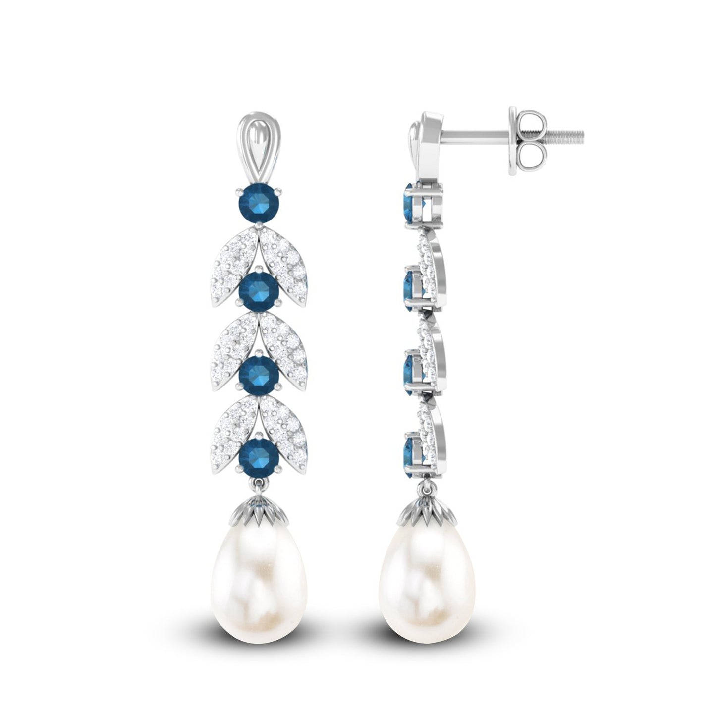 Freshwater Pearl Dangle Earrings with Blue Topaz and Diamond