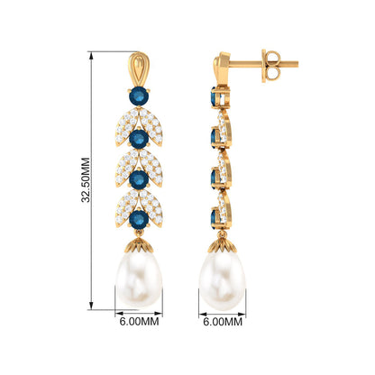 Freshwater Pearl Dangle Earrings with Blue Topaz and Diamond