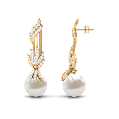 Designer Freshwater Pearl Bridal Dangle Earrings with Diamond