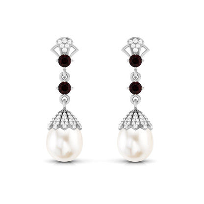 Vintage Inspired Pearl Dangle Earrings with Garnet