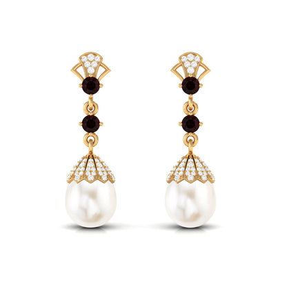 Vintage Inspired Pearl Dangle Earrings with Garnet