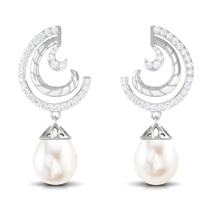 Designer Freshwater Pearl Bridal Drop Earrings with Diamond